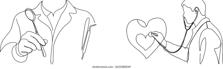 Continuous line art doctors examining and diagnosing patients with medical instruments and a heart