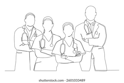 Continuous line art of doctors team. a group of young male and female doctors pose standing together..