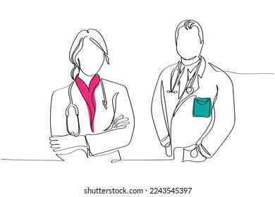 Continuous line art of doctors. Vector art concept. Medicine and highest academic degree. Health care. Physicians vector concept art. One line art. Minimalism.