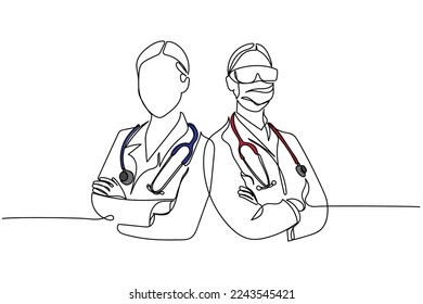 Continuous line art of doctors. Vector art concept. Medicine and highest academic degree. Health care. Physicians vector concept art. One line art. Minimalism.