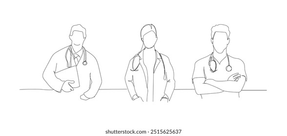 Arte de línea continua de médicos. Concepto de Arte vectorial. Medicina y grado académico más alto. Atención de salud. Arte conceptual del Vector de los médicos. Arte de una línea. Minimalismo.