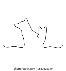 Continuous line art dog and cat icon logo template vector illustration isolated on white. Pet shop outline design