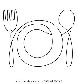 Continuous line art, doodle. Contour Cutlery Background. Kitchen utensils, tableware. One Line Drawing. Plate, fork, spoon