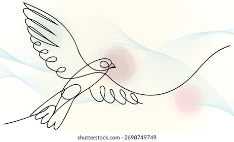Continuous Line Art a Dove in Flight with Soft Abstract Waves bird freedom elegant continuous