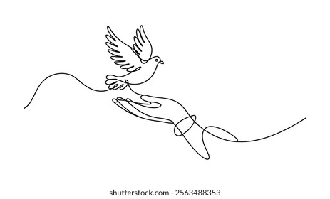 Continuous Line Art Dove and Hand - Symbol of Freedom and Peace Illustration