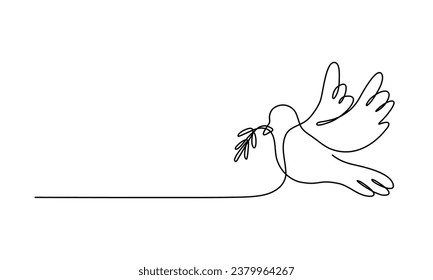 Continuous line art of a dove with an olive branch, Peace day concept. Lineart vector illustration.