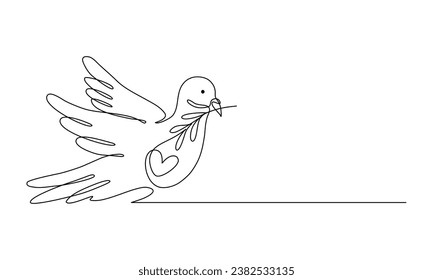 Continuous line art of a dove with an olive branch and heart shape, Peace day concept. Lineart vector illustration.	