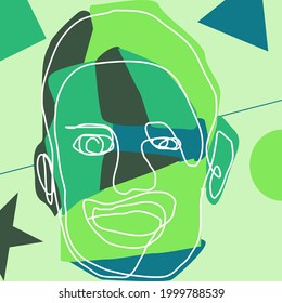 Dibujo de línea continua, afiche abstracto con rostro masculino. Estilo de dibujo de una línea
