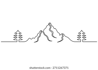 Desenho de arte em linha contínua de paisagem abstrata de montanha com pinheiros