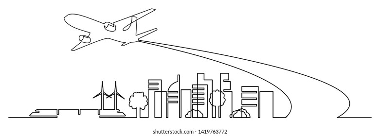 Continuous line art Drawing of  Air Travel City Street Landscape View with Buildings,.
Minimal Flat Line Outline Stroke Icon.