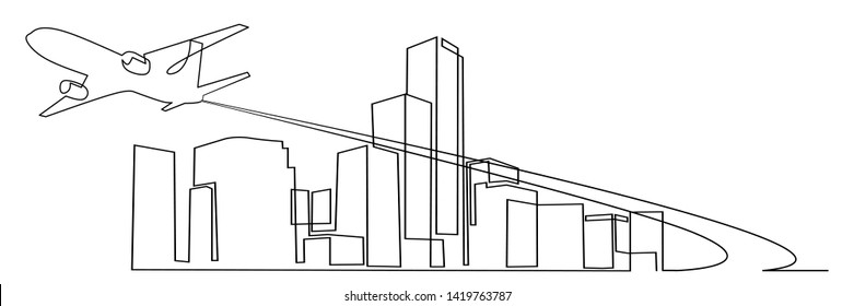 Continuous line art Drawing of  Air Travel City Street Landscape View with Buildings,.
Minimal Flat Line Outline Stroke Icon.