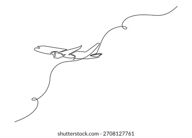 Continuous line art drawing of an airplane flying, travel concept illustration