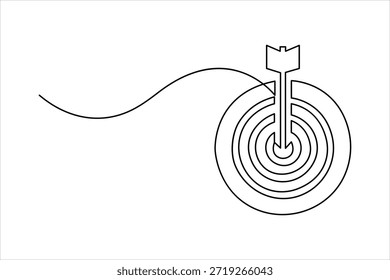 Continuous line art drawing of archery target with arrow, one line art design vector illustration