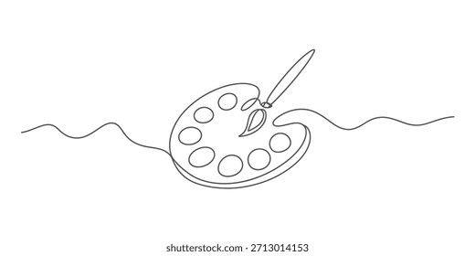 Continuous line art drawing of an artist's palette and paintbrush on a white background Vector, illustration