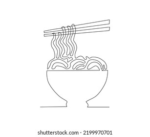 Continuous line art drawing of asian noodle in the bowl. Ramen line art drawing vector illustration.