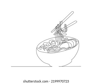 Continuous Line Art Drawing Of Asian Noodle In The Bowl. Ramen Single Line Art Drawing Vector Illustration.