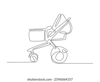 Continuous line art drawing of baby stroller or baby carriage. Lightweight baby strolle in one line drawing illustration. Editable stroke.