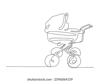 Continuous line art drawing of baby stroller or baby carriage. Lightweight baby strolle in one line drawing illustration. Editable stroke.