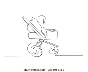 Continuous line art drawing of baby stroller or baby carriage. Lightweight baby strolle in one line drawing illustration. Editable stroke.