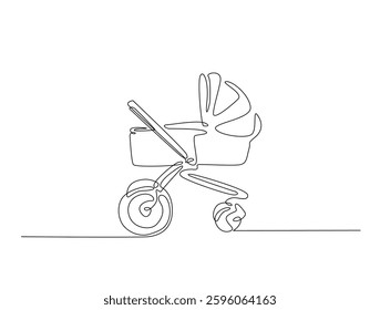 Continuous line art drawing of baby stroller or baby carriage. Lightweight baby strolle in one line drawing illustration. Editable stroke.