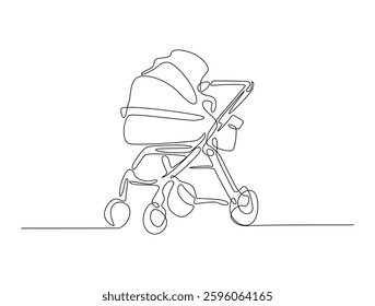 Continuous line art drawing of baby stroller or baby carriage. Lightweight baby strolle in one line drawing illustration. Editable stroke.