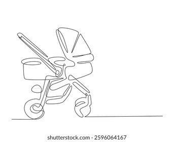 Continuous line art drawing of baby stroller or baby carriage. Lightweight baby strolle in one line drawing illustration. Editable stroke.