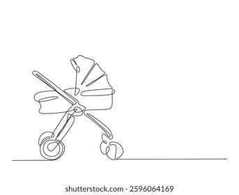 Continuous line art drawing of baby stroller or baby carriage. Lightweight baby strolle in one line drawing illustration. Editable stroke.