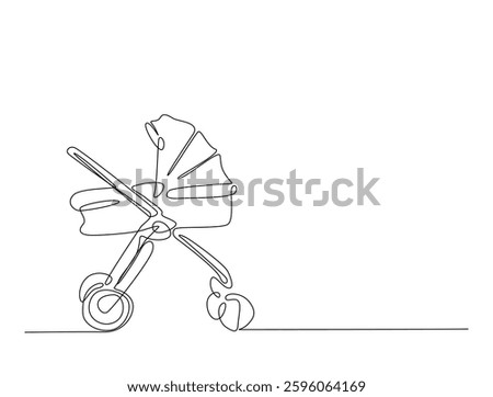 Continuous line art drawing of baby stroller or baby carriage. Lightweight baby strolle in one line drawing illustration. Editable stroke.