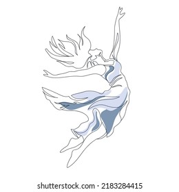 Continuous Line Art Drawing. Ballet Dancer ballerina jumping in beautiful blue dress dream