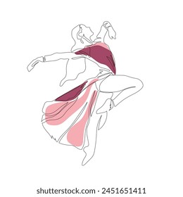 Continuous Line Art Drawing. Ballet Dancer ballerina jumping in beautiful red pink dress dream