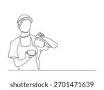 Continuous line art drawing of Barista preparing coffee. Barista in coffee shop in single outline illustration. 