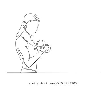 Continuous line art drawing of beautiful woman workout using barbell. woman training in sport gymnasium club center in one line drawing illustration. Editable stroke.