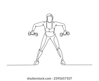 Continuous line art drawing of beautiful woman workout using barbell. woman training in sport gymnasium club center in one line drawing illustration. Editable stroke.