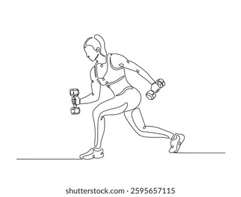 Continuous line art drawing of beautiful woman workout using barbell. woman training in sport gymnasium club center in one line drawing illustration. Editable stroke.
