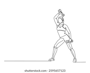 Continuous line art drawing of beautiful woman workout using barbell. woman training in sport gymnasium club center in one line drawing illustration. Editable stroke.