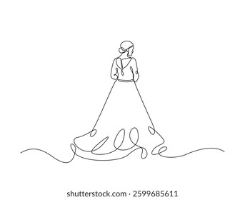 Continuous line art drawing of beautiful girl wearing flowing gown. Lady wearing long dress in one line drawing illustration. Editable stroke.
