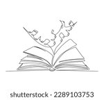Continuous line art drawing of book with music note. Music note out from opened book single line art drawing vector illustration. Editable stroke.

