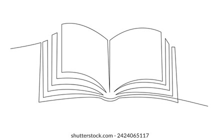 Continuous line art drawing of book. Opened book single line art drawing vector illustration template
