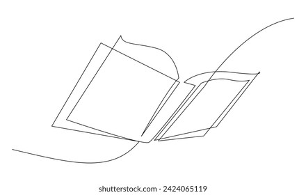 Continuous line art drawing of book. Opened book single line art drawing vector illustration template