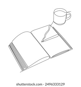 Continuous line art drawing of a book with cup of coffee. hand drawn custom design.