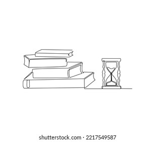 Continuous line art drawing of books and hourglass. Hourglass and books single line art drawing vector illustration.