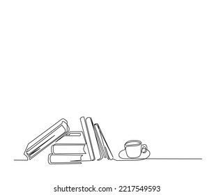 Continuous Line Art Drawing Of Books And A Cup Of Cofee. A Cup Of Coffe Over The Books Single Line Art Drawing Vector Illustration.