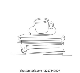 Continuous Line Art Drawing Of Books And A Cup Of Cofee. A Cup Of Coffe Over The Books Single Line Art Drawing Vector Illustration.