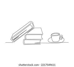 Continuous Line Art Drawing Of Books And A Cup Of Cofee. Books Beside A Cup Of Coffee Single Line Art Drawing Vector Illustration.