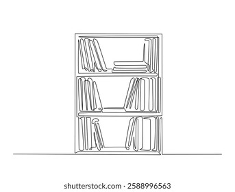 Continuous line art drawing of bookshelf furniture illustration. Shelves and books in one line drawing vector illustration. Editable stroke.