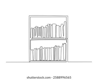 Continuous line art drawing of bookshelf furniture illustration. Shelves and books in one line drawing vector illustration. Editable stroke.