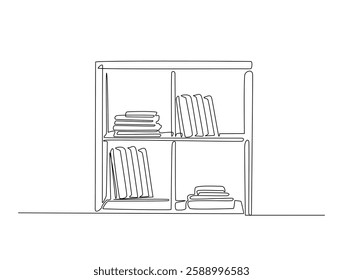 Continuous line art drawing of bookshelf furniture illustration. Shelves and books in one line drawing vector illustration. Editable stroke.