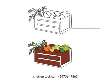 Caja de dibujo de arte continuo con verduras frescas. Vector de contorno de caja de entrega de alimentos para comestibles.