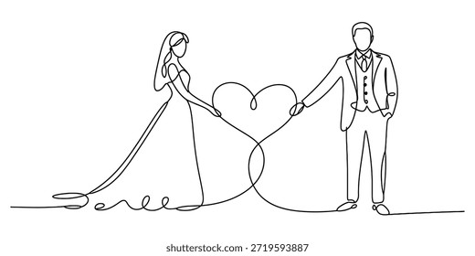 Continuous line art drawing of a bride and groom forming a heart with their hands. Vector, illustration
