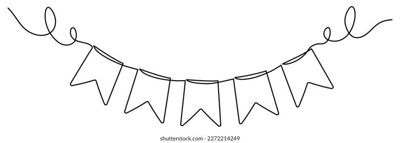 Continuous line art drawing buntings garland. Celebration party hand drawn elements. Vector linear illustration isolated on white. 